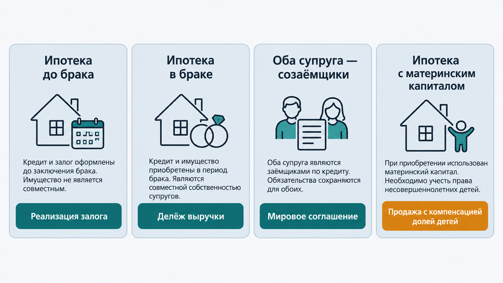 Четыре сценария ипотеки при банкротстве одного из супругов. Инфографика показывает влияние даты покупки жилья, статуса созаёмщиков и состава семьи на судьбу ипотечной недвижимости