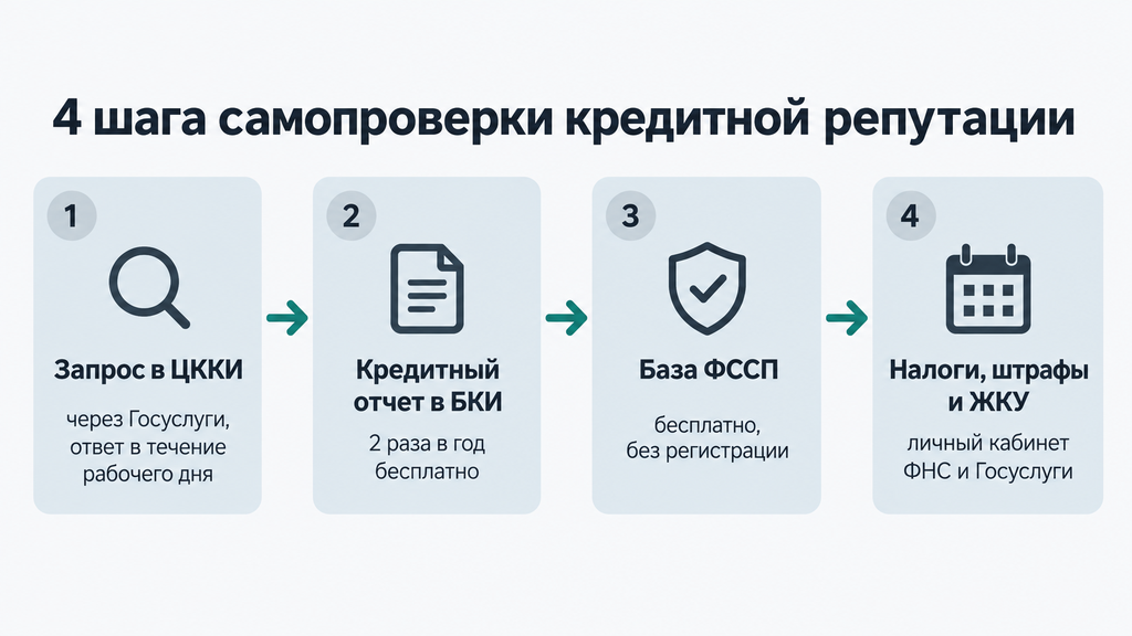 Инфографика с четырьмя пронумерованными шагами самопроверки: от подачи запроса на Госуслугах до проверки базы ФССП и налоговых задолженностей. Визуальная схема с иконками, указанием сервисов и сроков выполнения.