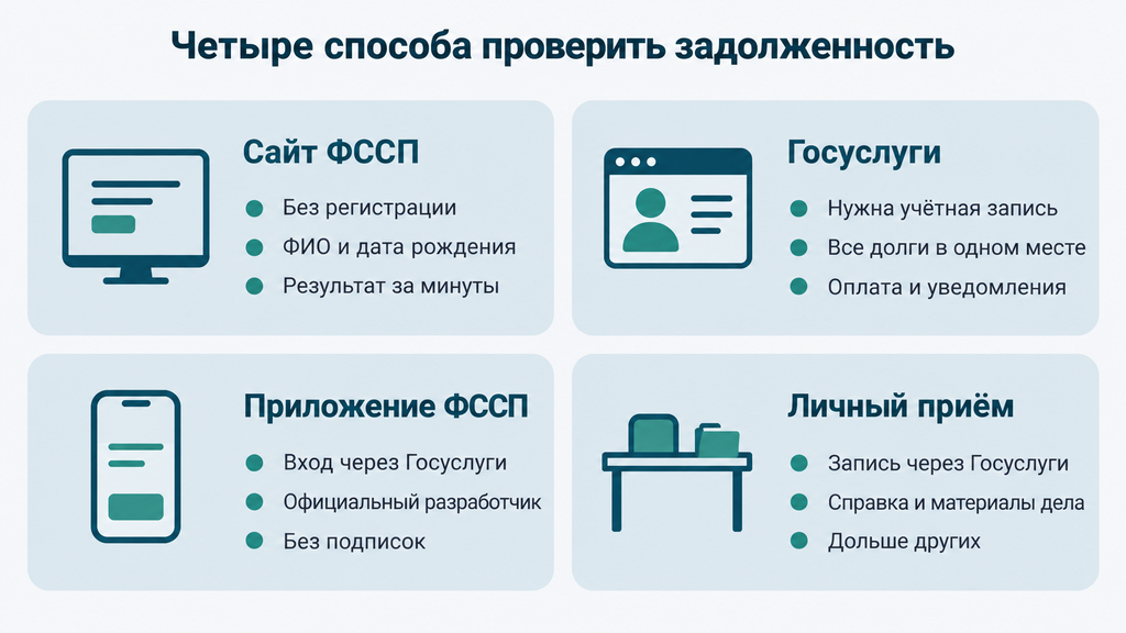 Сравнение четырёх способов проверки задолженности: сайт ФССП, Госуслуги, официальное приложение и личный приём у пристава