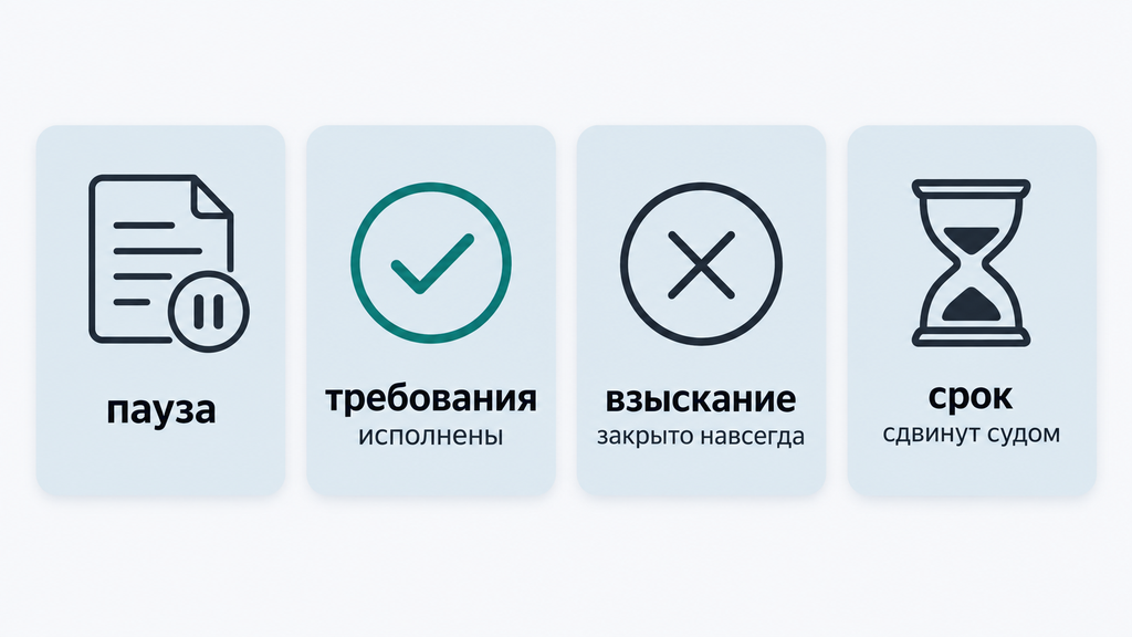 Четыре статуса исполнительного производства на карточках с пиктограммами: приостановление, окончание, прекращение и отсрочка