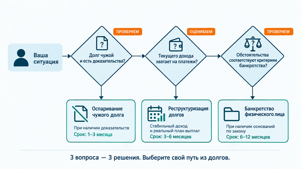 Дерево решений для выбора пути по долгам после мошенничества: оспаривание, реструктуризация или банкротство