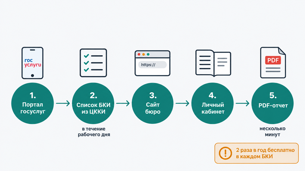 Схема получения бесплатного кредитного отчета за пять шагов через Госуслуги и сайты бюро кредитных историй