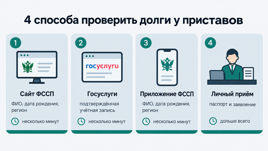 Четыре способа проверить задолженность у приставов: инфографика с карточками сайта ФССП, Госуслуг, приложения и личного приёма, указывающими нужные данные и время