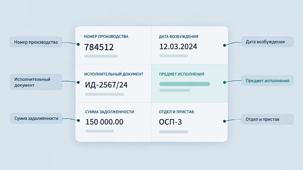 Схема карточки исполнительного производства с подписанными полями и пояснениями их значений для быстрой проверки долга