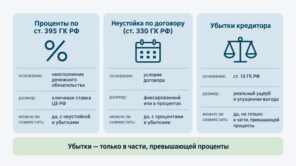 Сравнительная карточка процентов по ст. 395 ГК РФ, договорной неустойки и убытков: основания, размер и правило совместного требования