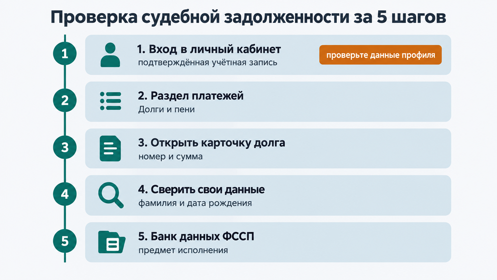 Пошаговая схема проверки судебной задолженности через Госуслуги за пять этапов с пиктограммами