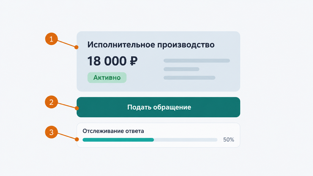 Интерфейс личного кабинета Госуслуг с карточкой исполнительного производства и формой подачи онлайн-заявления в ФССП