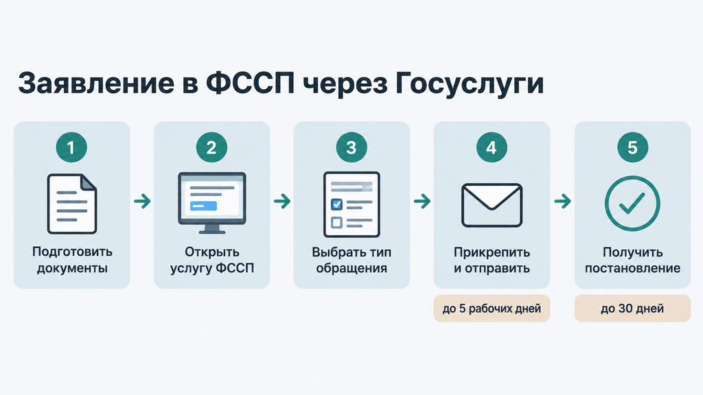 Горизонтальный таймлайн с пятью шагами подачи заявления в ФССП через Госуслуги со сроками рассмотрения 5 рабочих дней и до 30 календарных дней