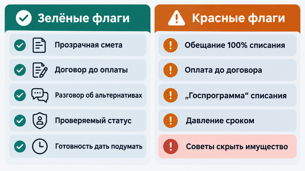 Чек-лист с зелёными и красными флагами для выбора юриста по банкротству: признаки честной консультации и тревожные сигналы