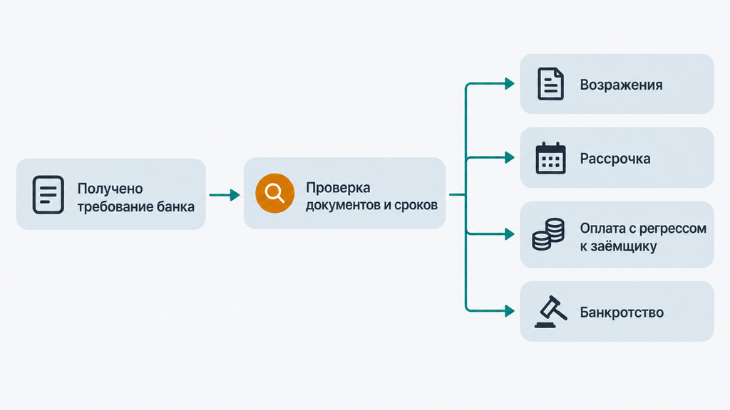 Алгоритм действий поручителя при получении требования банка: карта четырёх вариантов решений
