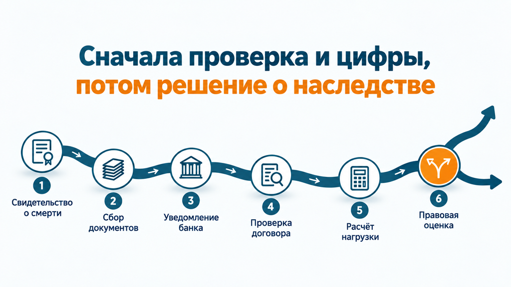 Пошаговая карта действий наследника от свидетельства о смерти до решения по кредиту умершего. Визуальный маршрут в виде лестницы с нумерованными этапами, иконками документов, банка и калькулятора, а также выделенной точкой для принятия решения о принятии или отказе от наследства.