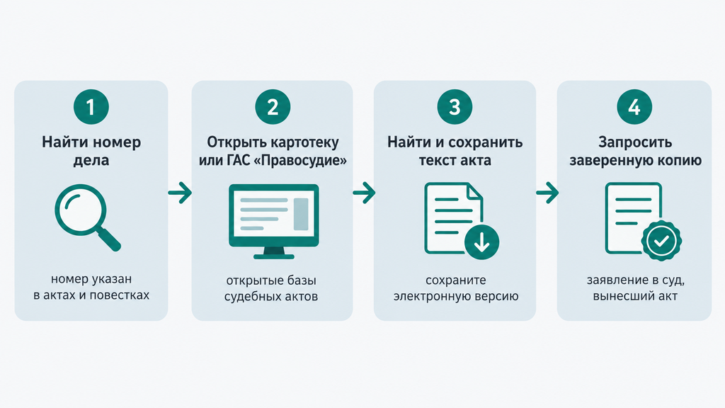 Инфографика «Как найти постановление: четыре шага». Горизонтальная дорожка с пиктограммами: лупа, монитор, документ и отметка о заверении. Пошаговый алгоритм поиска судебного акта.