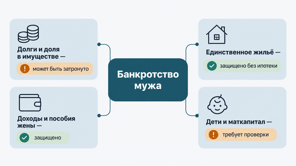 Карта влияния банкротства мужа на семью: защита имущества жены, общие долги и статус зон риска