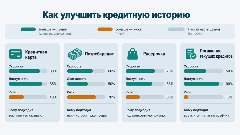 Сравнение четырёх способов улучшения кредитной истории по шкалам скорости эффекта, доступности при плохой истории и риска