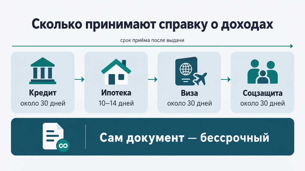 Сроки действия справки о доходах: кредит — около 30 дней, ипотека — 10–14 дней, виза и соцзащита — около 30 дней. Сам документ действителен бессрочно