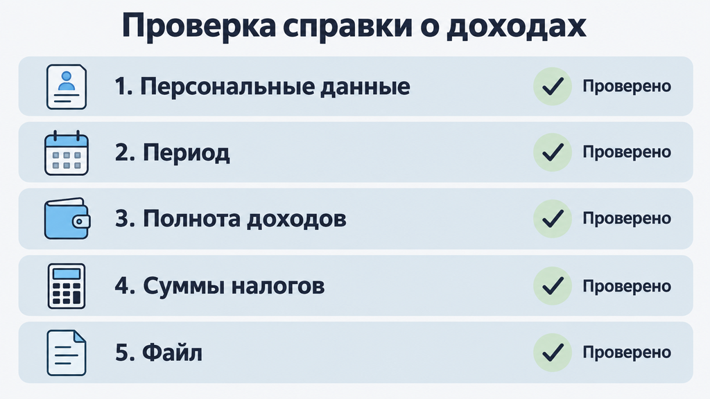 Чек-лист проверки справки о доходах: пять пунктов самопроверки данных, периода, сумм, налогов и файла с подтверждением готовности.