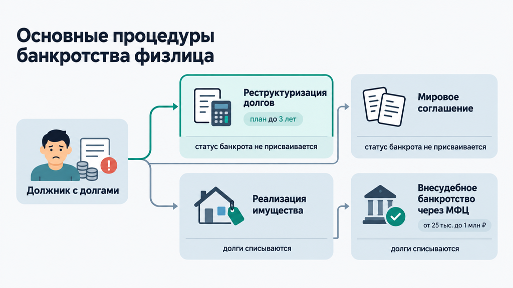 Схема основных процедур банкротства физического лица: реструктуризация долга, мировое соглашение, реализация имущества и внесудебное банкротство через МФЦ.