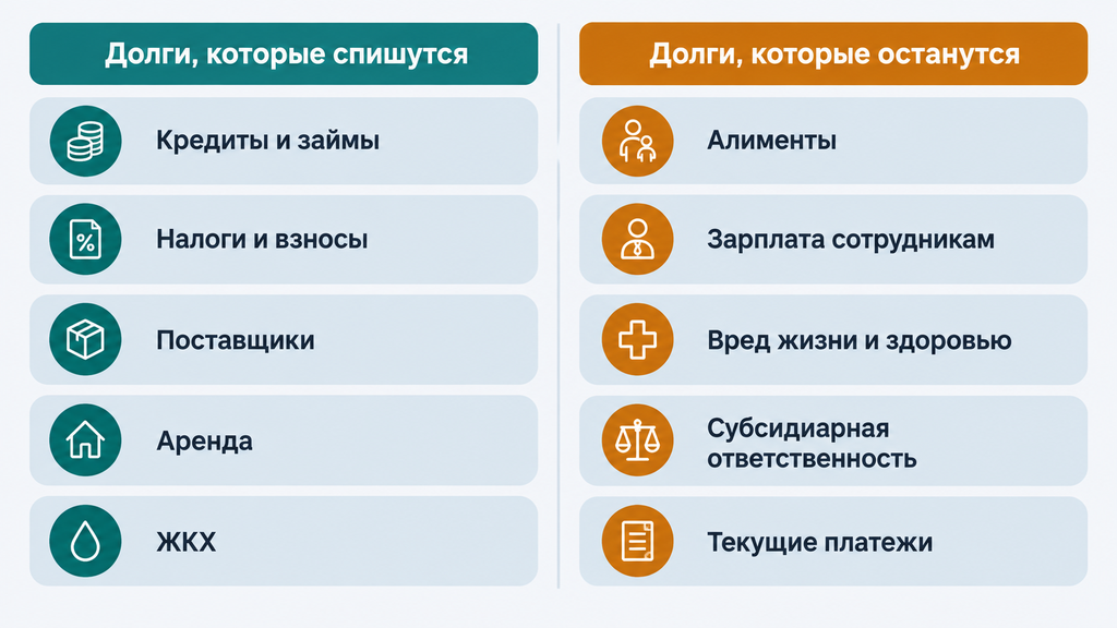 Инфографика сравнения списанных и несписанных долгов при банкротстве ИП: кредиты, налоги и аренда против алиментов, зарплаты сотрудникам и компенсации вреда здоровью