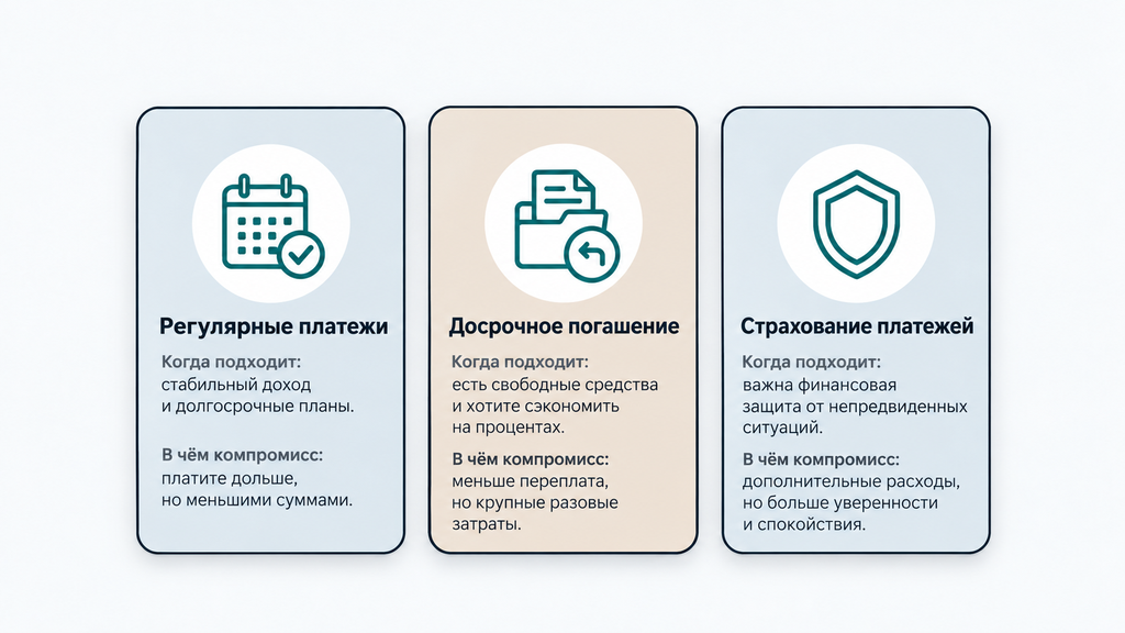 Сравнительная инфографика: три сценария управления долгом по наследству в виде карточек — принять, отказаться или списать через банкротство