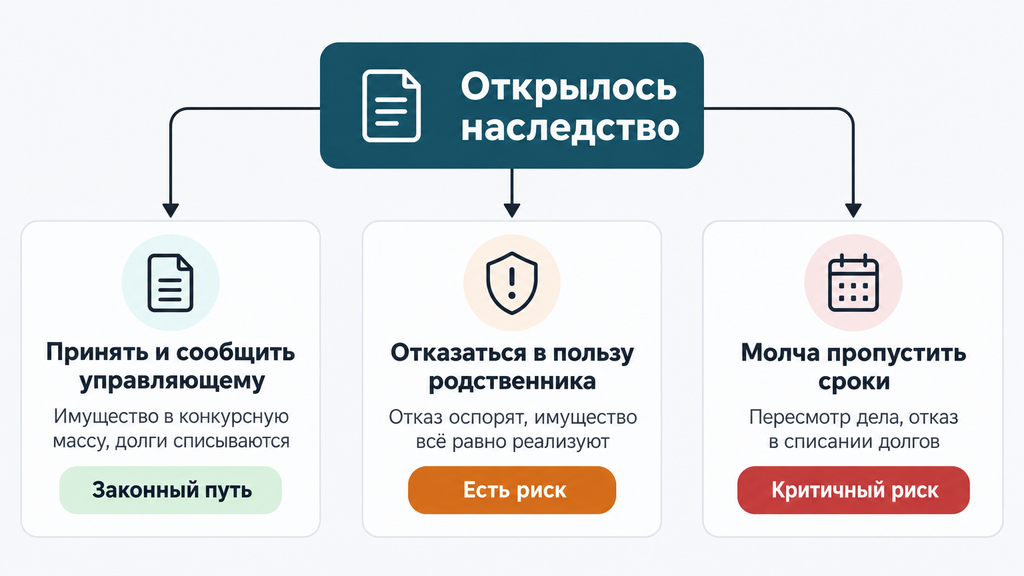 Дерево решений: три сценария судьбы наследства при банкротстве и их последствия