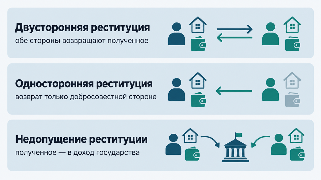 Схема трёх вариантов имущественных последствий недействительной сделки: двусторонняя и односторонняя реституция, а также недопущение возврата имущества и денег между сторонами и государством.