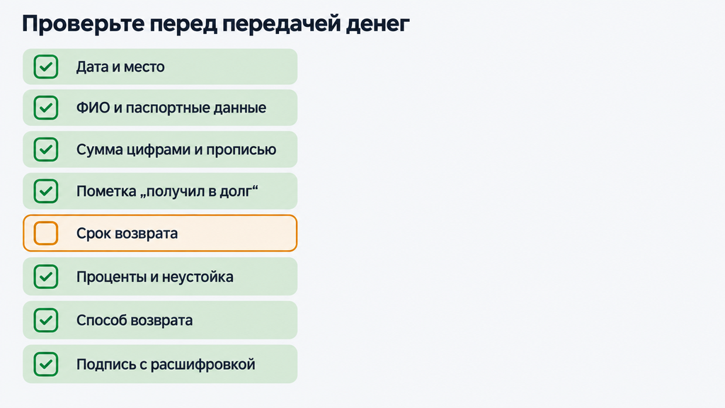 Чек-лист самопроверки расписки перед передачей денег. 8 пунктов контроля качества документа и снижения рисков.