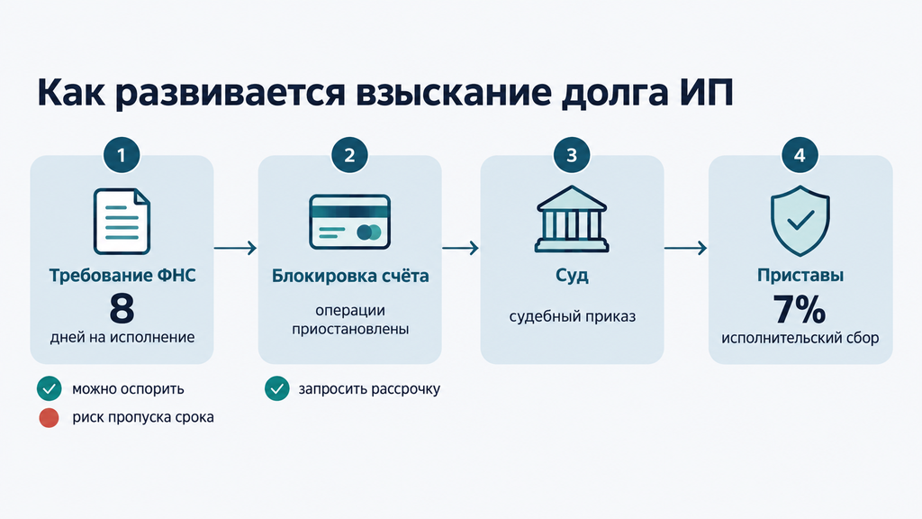 Таймлайн принудительного взыскания долга ИП с этапами, сроками и точками контроля для должника