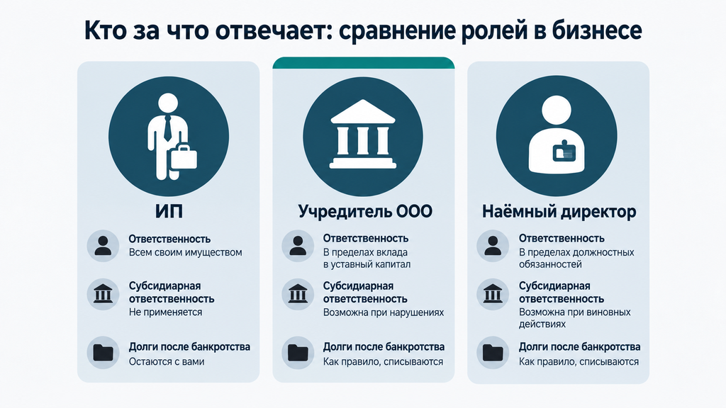 Сравнительная инфографика: ответственность ИП, учредителя ООО и наёмного директора по долгам, субсидиарная ответственность и последствия банкротства