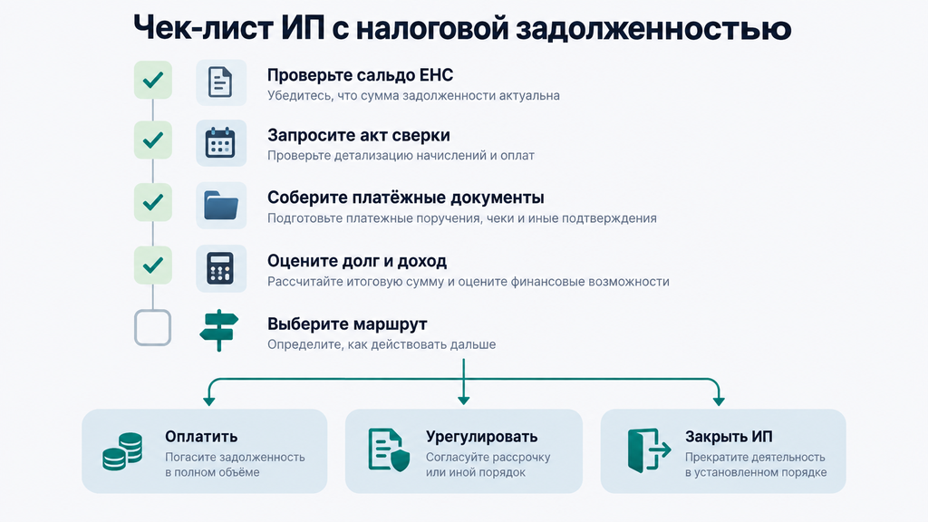 Чек-лист для ИП с налоговой задолженностью: порядок действий от проверки ЕНС до выбора маршрута — оплата долга, урегулирование или закрытие бизнеса.