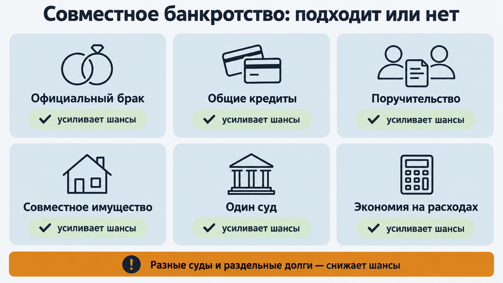 Визуальный чек-лист из шести карточек с критериями совместного банкротства супругов и цветовыми индикаторами усиления или снижения шансов на объединение дел.