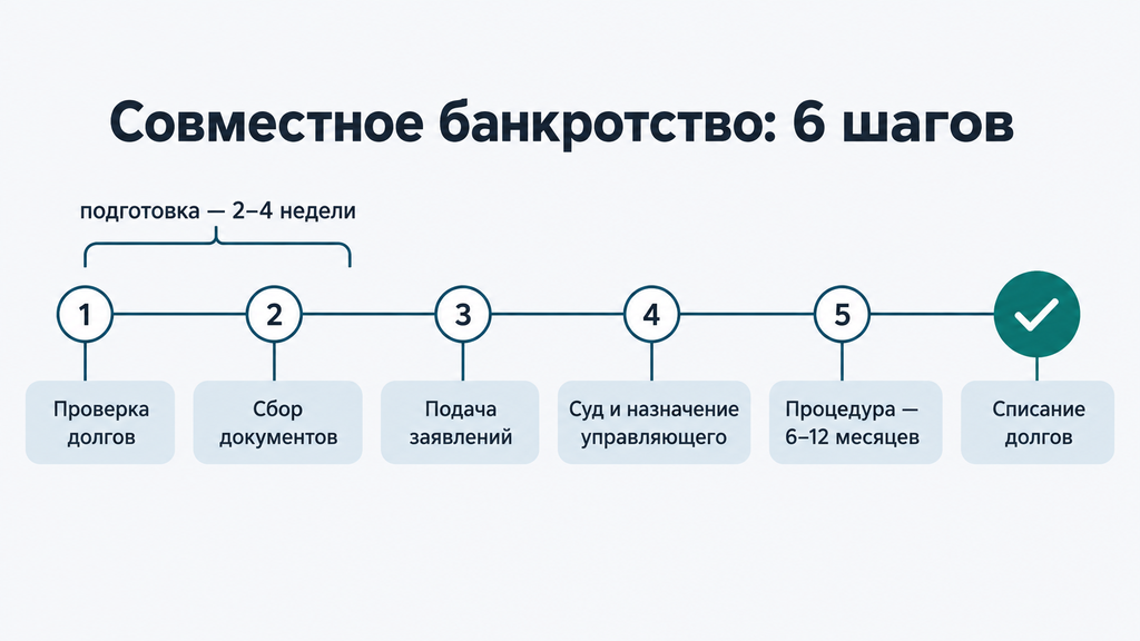 Таймлайн совместного банкротства супругов с этапами и сроками процедуры списания долгов