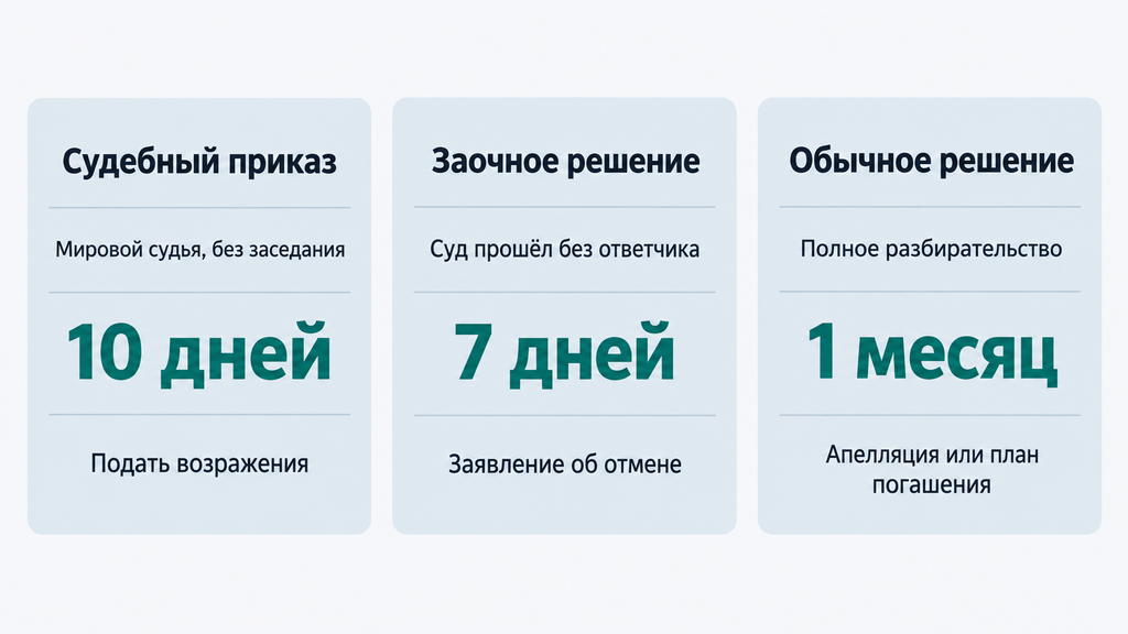 Сравнение сроков реакции должника на судебный приказ, заочное и обычное решение: 10, 7 и 30 дней