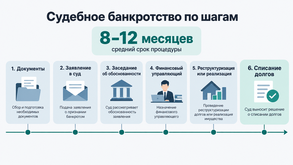 Таймлайн судебного банкротства: этапы от подачи заявления до списания долгов