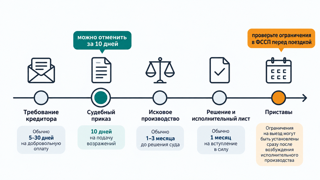 Таймлайн этапов судебного взыскания задолженности и критичные сроки для должника