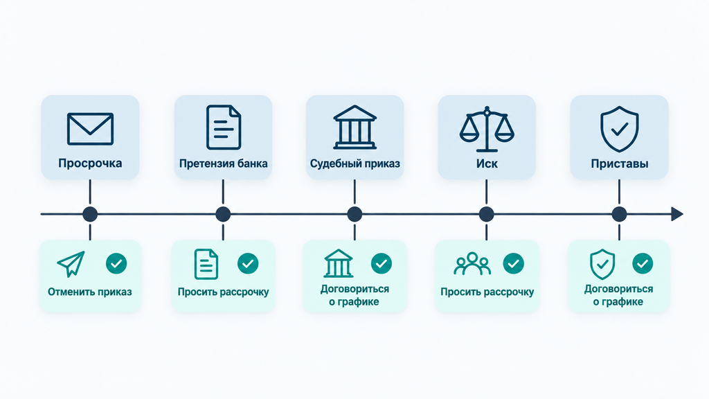 Таймлайн судебного взыскания долга со стадиями процесса и законными возможностями действий должника