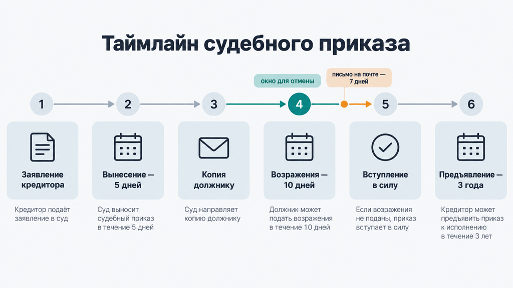 Горизонтальный таймлайн судебного приказа: стадии процесса, сроки 5 дней, 10 дней на возражения и 3 года на исполнение