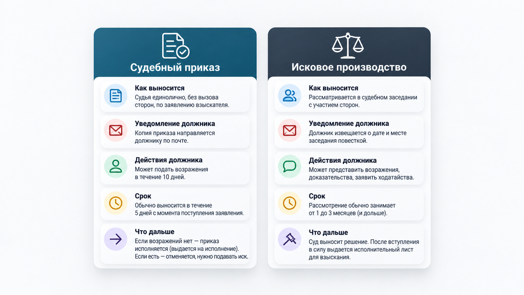 Сравнительная карточка судебного приказа и искового производства: разница, сроки и действия должника