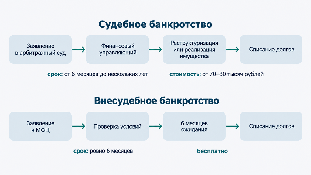 Схема сравнения судебного и внесудебного банкротства гражданина: этапы, сроки и условия прохождения через арбитражный суд и МФЦ