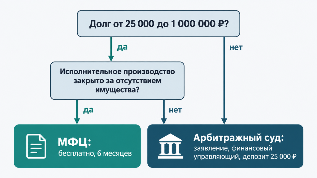 Дерево решений: судебное или внесудебное банкротство ИП порядок действий через МФЦ или арбитражный суд