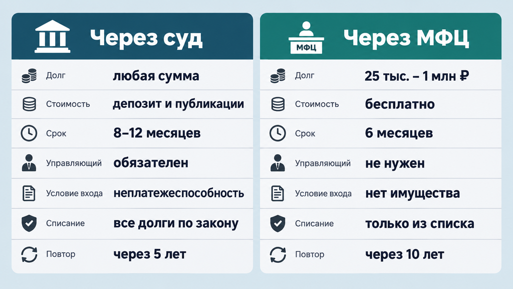 Сравнение судебного и внесудебного банкротства через МФЦ: ключевые различия процедур