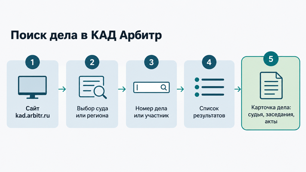 Инфографика пяти шагов поиска дела в картотеке арбитражных дел КАС Арбитр до карточки судебных актов