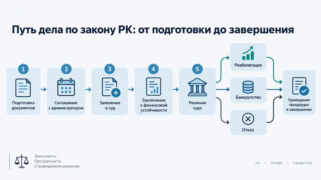 Схема этапов процедуры банкротства и реабилитации по законодательству РК от подготовки документов до завершения дела с развилкой вариантов решения суда