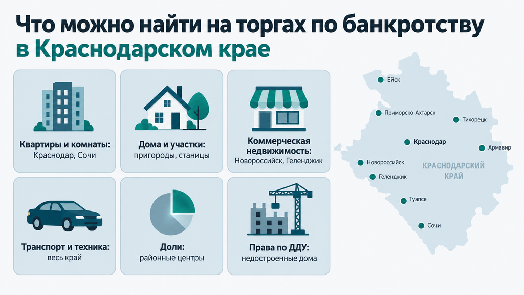 Категории имущества на торгах по банкротству в Краснодарском крае и где их ищут чаще всего: квартиры, дома, коммерческая недвижимость, транспорт, доли и права требования.