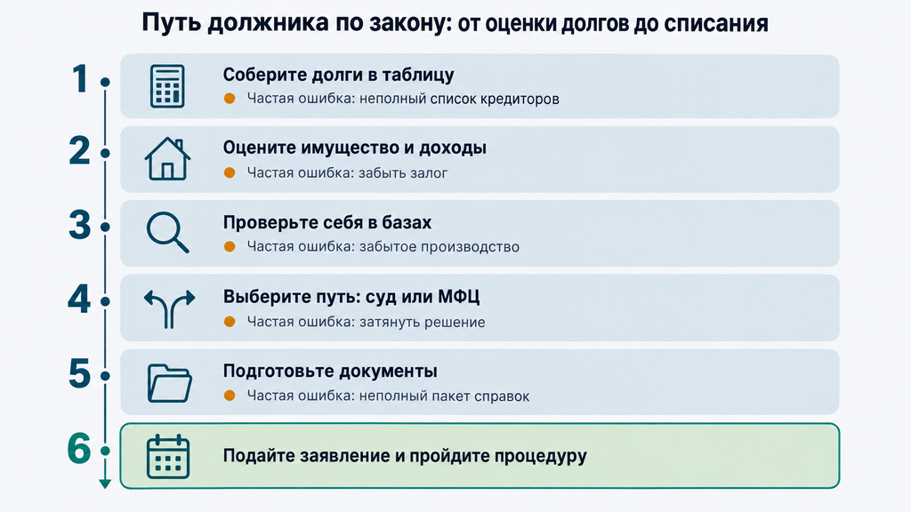 Чек-лист алгоритма действий должника по закону № 127-ФЗ: 6 пронумерованных шагов от оценки долгов до списания с иконками и указанием типичных ошибок под каждым этапом