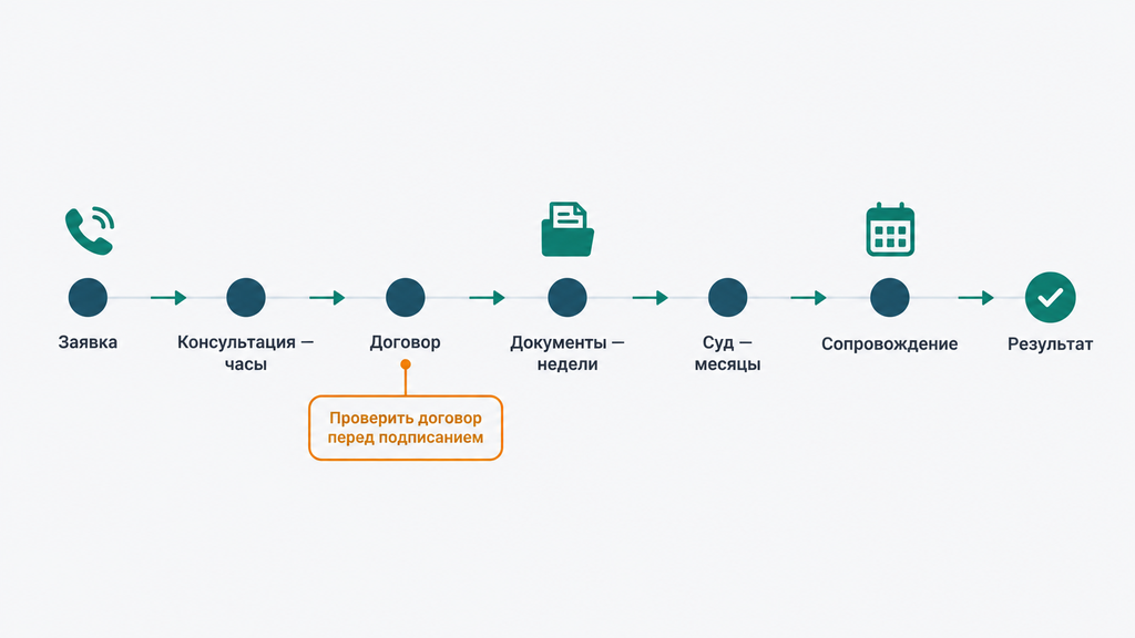 Схема горизонтального таймлайна этапов работы с юристом от заявки и консультации к договору, суду и результату