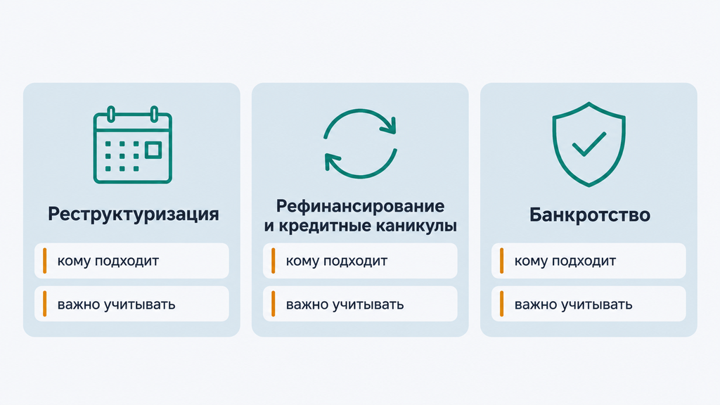 Сравнение законных вариантов снижения долговой нагрузки: реструктуризация, рефинансирование и кредитные каникулы, банкротство. Визуальные карточки помогают выбрать подходящий сценарий в зависимости от дохода, суммы долга и сроков.