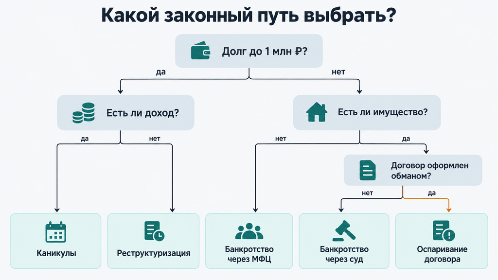 Дерево решений для выбора законного способа погашения задолженности по сумме, доходу и имуществу