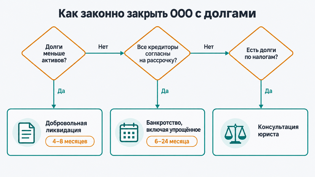 Дерево решений по закрытию ООО с долгами: выбор между добровольной ликвидацией, банкротством и консультацией юриста в зависимости от активов и кредиторов