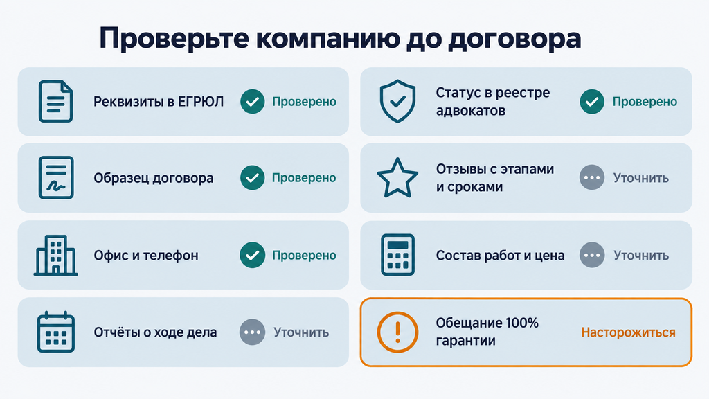 Чек-лист проверки юридического партнёра перед подписанием договора с пиктограммами и статусами