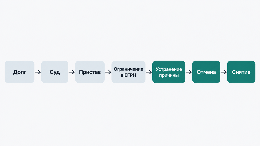 Схема процесса снятия судебного ограничения: маршрут от долга и спора через суд и приставов к документу об отмене и снятию блокировки у собственника.